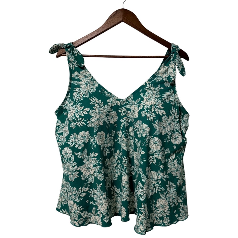 Lands' End Green Floral Tie-Shoulder Swim Tank